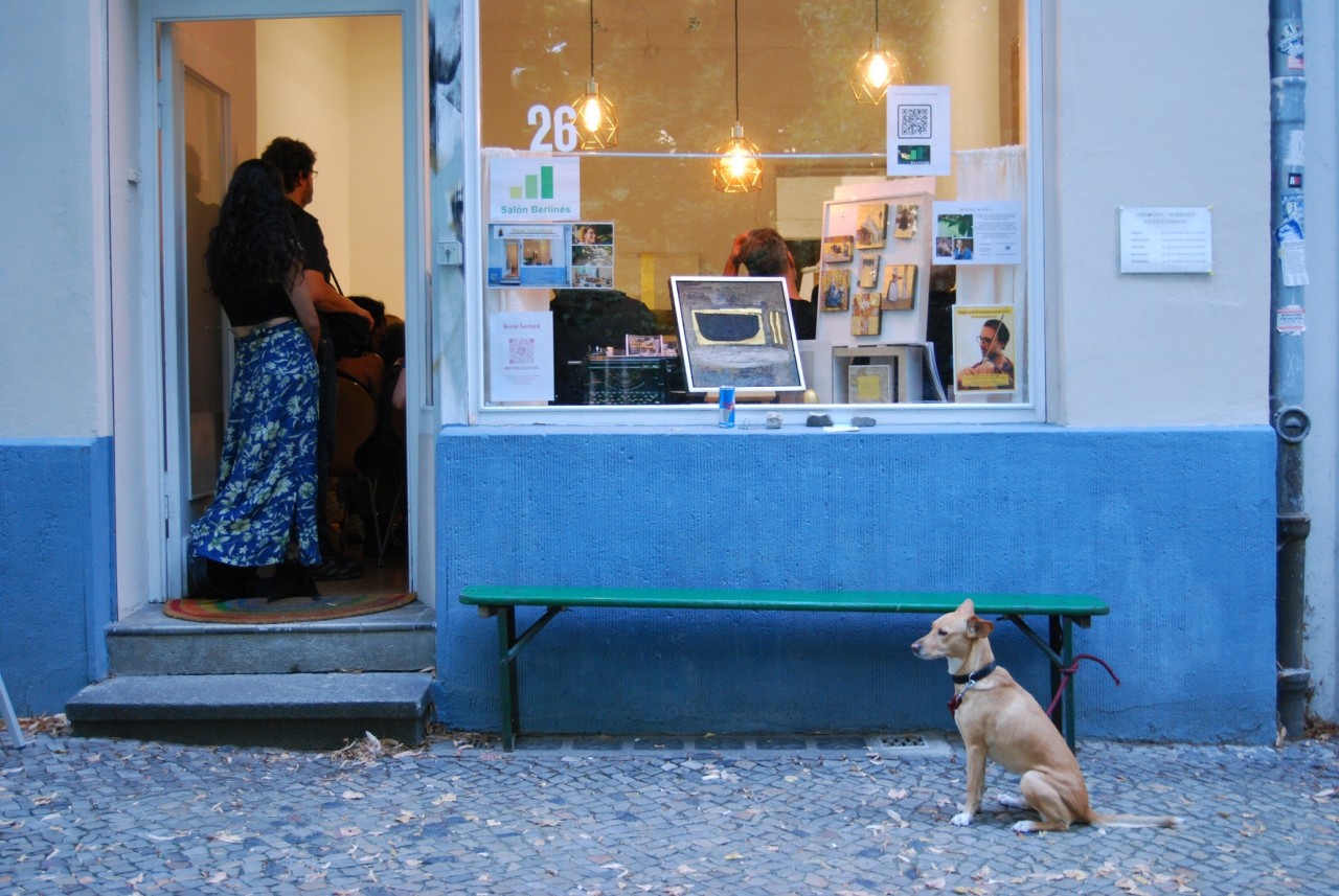 Ein Hund wartet vor dem Local des Salón Berlinés auf seine Herrchen, die eine Lesung besuchen.